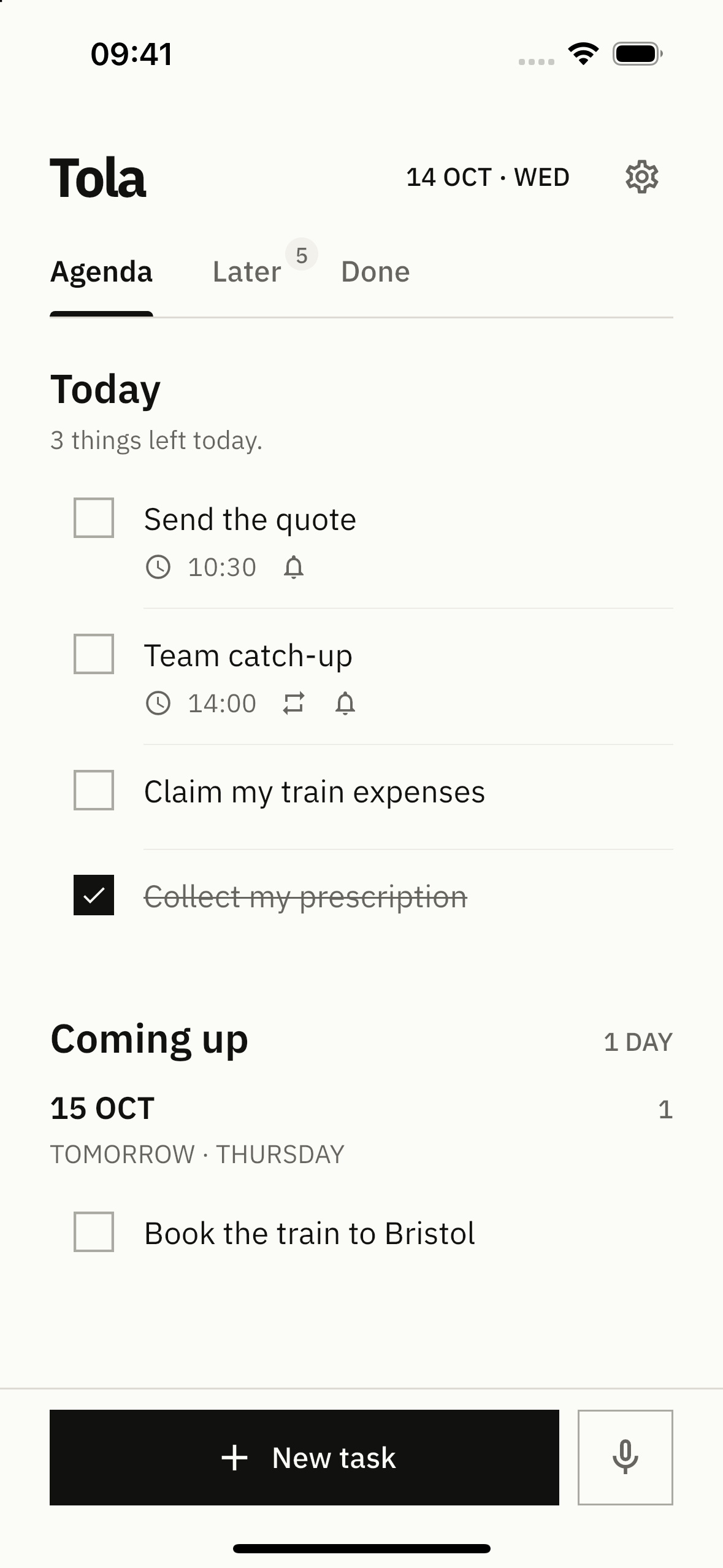 Tola Agenda showing Today and upcoming days, with tasks and reminders · Paper