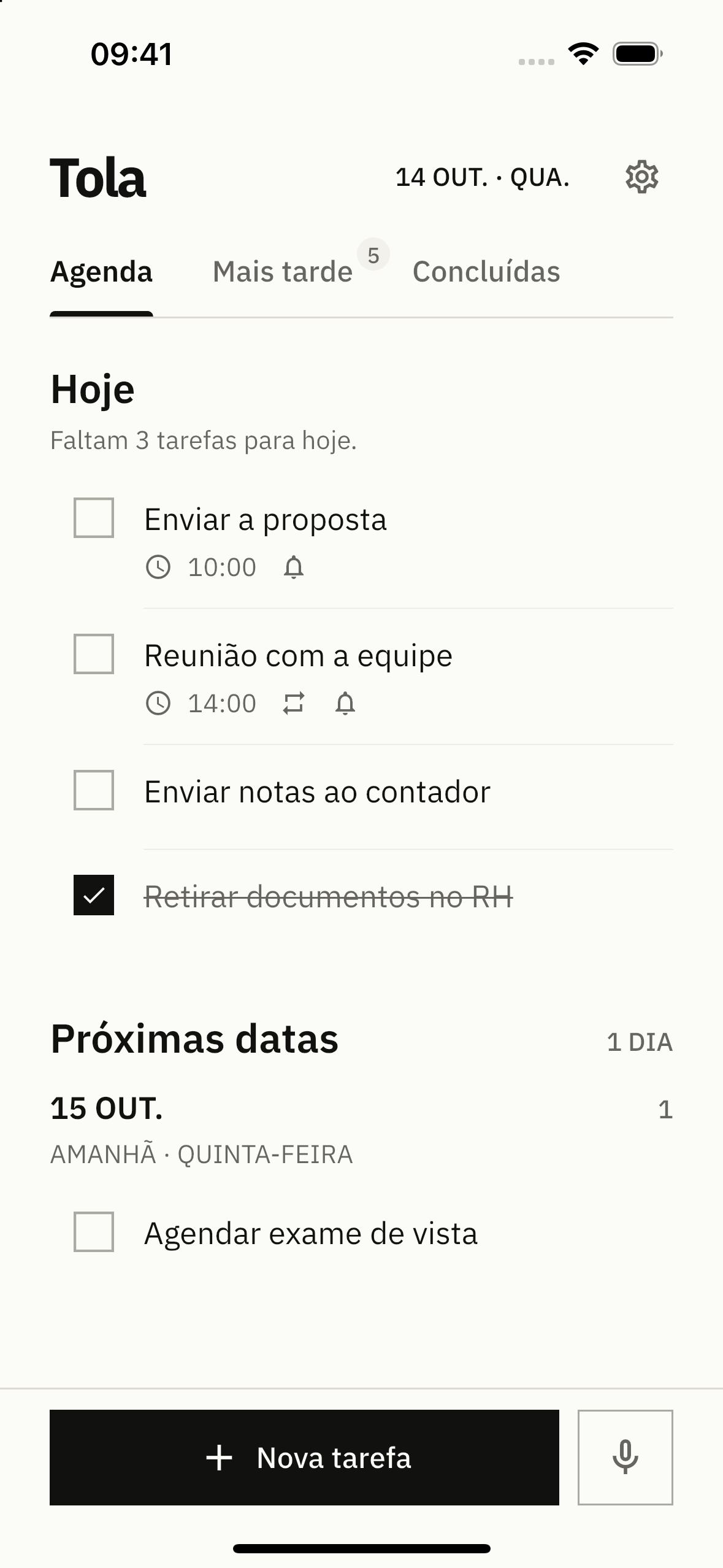 Agenda da Tola com tarefas de hoje, lembretes e os próximos dias · Paper